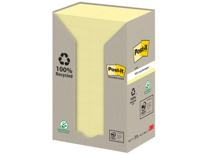 Foglietti Post-it® Notes Giallo Canary™ 38x51 mm carta riciclata torre da 24 blocchetti da 100 ff - 653-1T