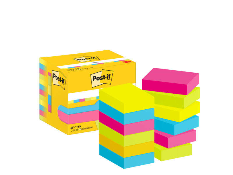 Foglietti riposizionabili Post-it® Notes Energetic 51x38 mm neon assortiti conf. 12 blocchetti da 100 ff - 653-TFEN