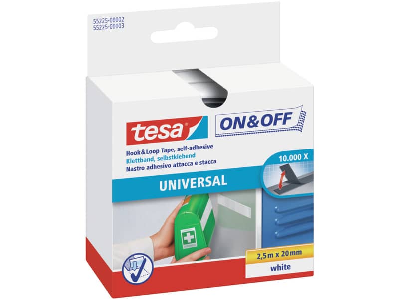 Nastro adesivo in tela tesa velcro On&Off universale autoadesivo bianco 20 mm x 2,5 m - --01