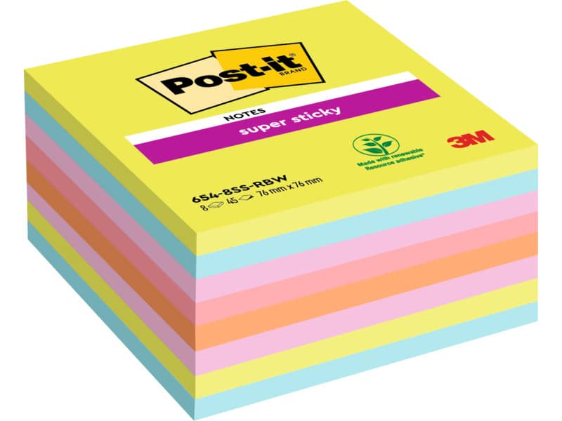Foglietti Post-it® Super-Sticky Notes 76x76 mm assortiti arcobaleno - conf. 8 blocchetti da 45 ff - 654-8SS-RBW-EU