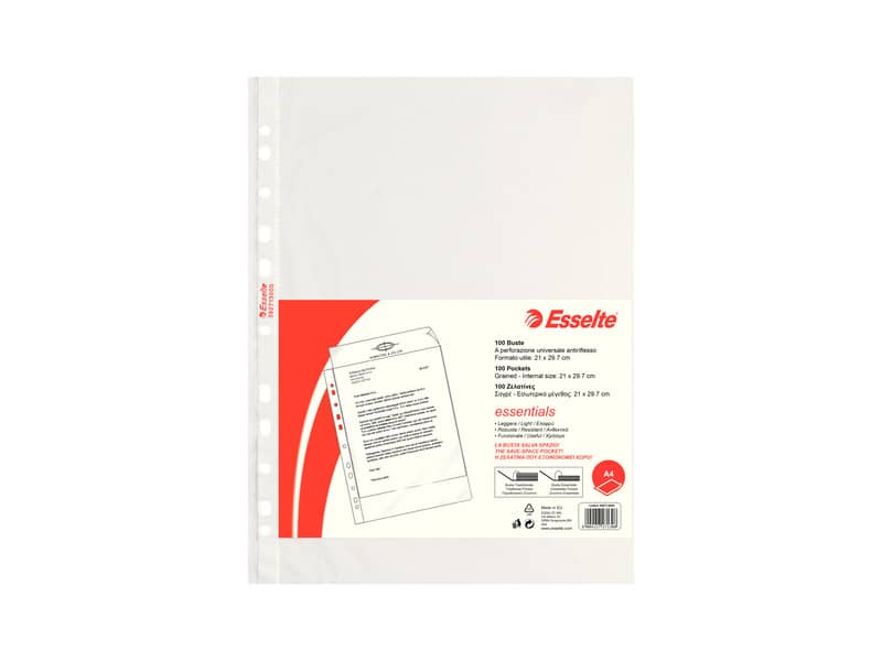 Buste a perforazione universale goffrate Esselte ESSENTIALS PP antiriflesso trasparente A4 conf.100