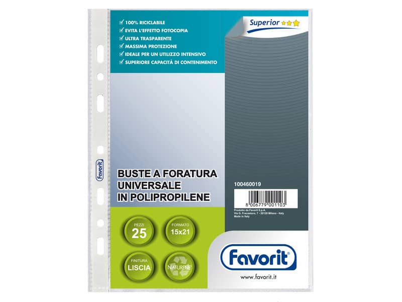 Buste trasp. a foratura universale FAVORIT liscia superior 15x21 cm conf. da 25