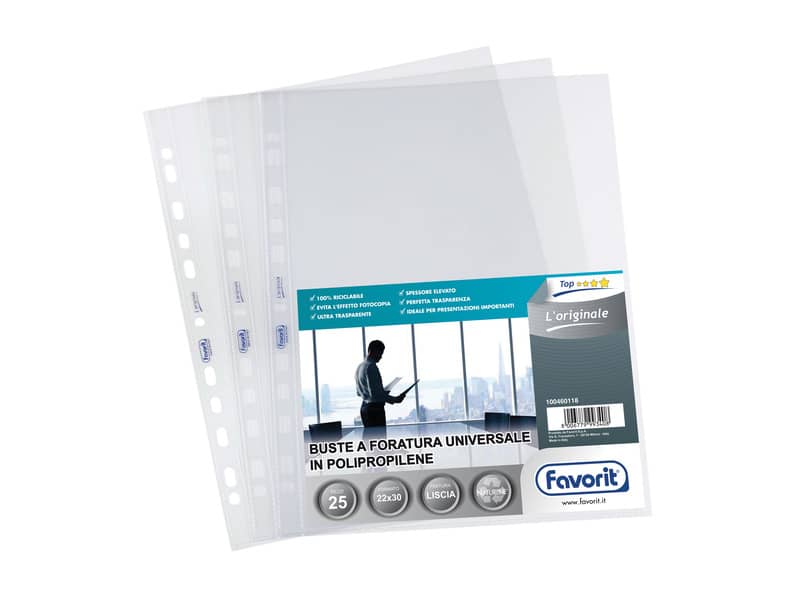 Buste trasp. a foratura universale FAVORIT L'Originale 22x30 cm conf. da 25