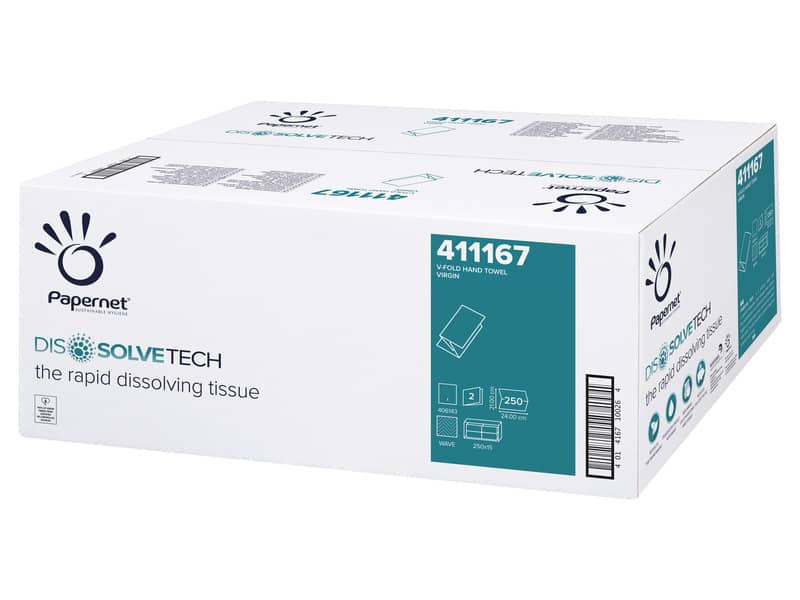 Asciugamani interfogliati piegati a V Papernet Dissolve Tech - 2 veli 24x21 cm Conf. 15 fascette da 250 pezzi
