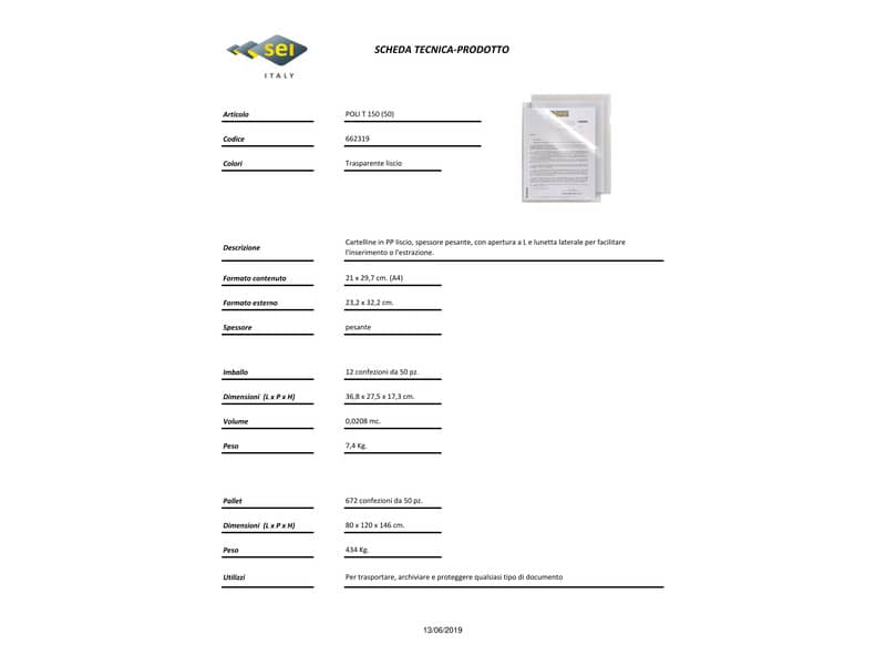 Cartelline a L in PP Sei Rota Poli T 150 A4 trasparente - alto spessore - conf. 50 pezzi
