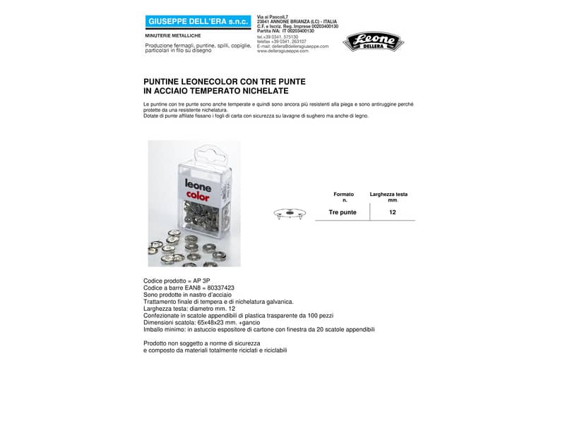 Puntine a 3 punte Leone Dell'Era temperate nichelato diametro testa 12 mm scatola da 100 pz. - AP3P