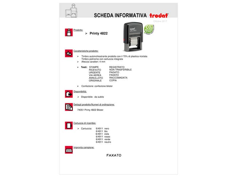 Polinome autoinchiostrante con 12 diciture commerciali TRODAT PRINTY 4822