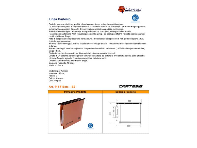 Cartelle sospese laterali per armadi CARTESIO 33 cm fondo a V arancio Conf. 50 pezzi - 114 F BETA - B2