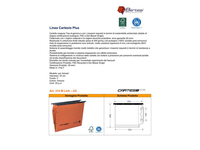 Cartelle sospese laterali per armadi CARTESIO PLUS 33 cm fondo a V arancio Cf. 25 pezzi - 314 M Link -A2
