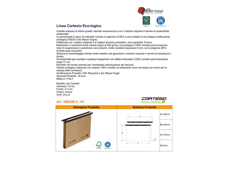 Cartelle sospese orizzontali per cassetti CARTESIO ECO 33 cm fondo U 3 cm avana Conf. 25 pezzi - 100/330 3-A1