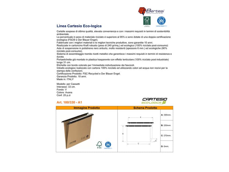 Cartelle sospese orizzontali per cassetti CARTESIO ECO 33 cm fondo V avana conf. da 25 - 100/330-A1