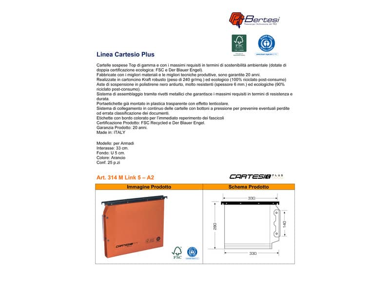 Cartelle sospese laterali per armadi CARTESIO PLUS 33 cm fondo U 3 cm arancio Conf. 25 pezzi - 314 M Link 3 -A2