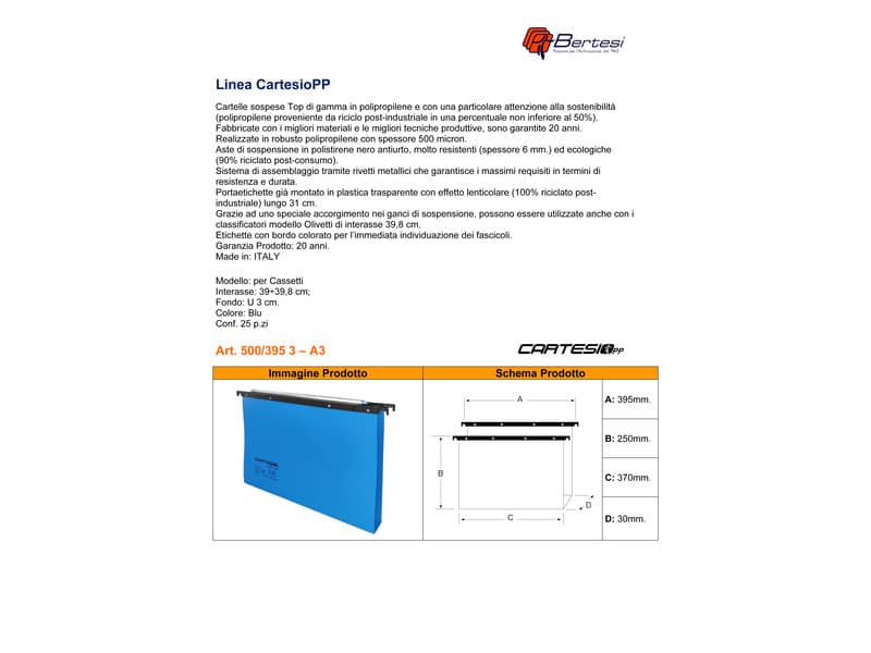 Cartelle sospese orizzontali per cassetti CARTESIO PP 39 cm fondo a U 3 cm blu Conf. 25 pezzi - 500/395 3 -A3