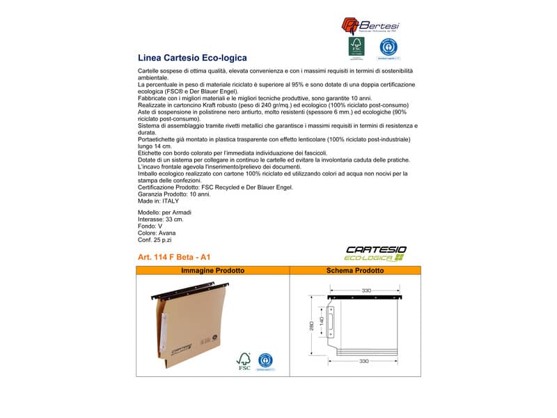 Cartelle sospese laterali per armadi CARTESIO ECO 33 cm fondo V avana Conf. 25 pezzi - 114 F BETA - A1
