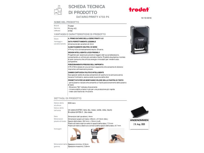Datario autoinchiostrante con testo personalizzabile Trodat PRINTY 4750 4.0 in plastica 41x24 mm nero