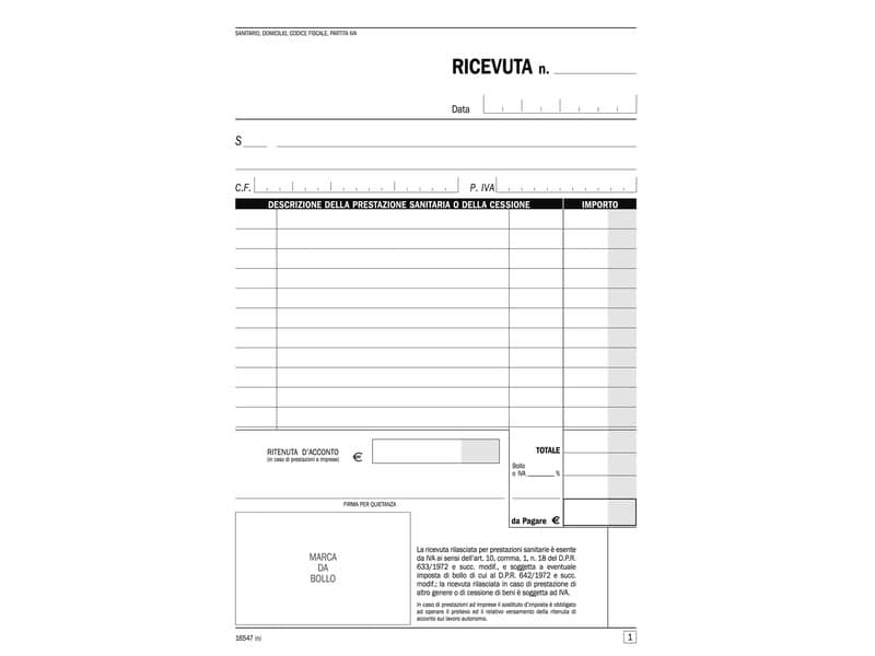 Blocco ricevute sanitarie registro degli onorari Data Ufficio 21,5x14,8 cm 50x2 copie autoricalcanti