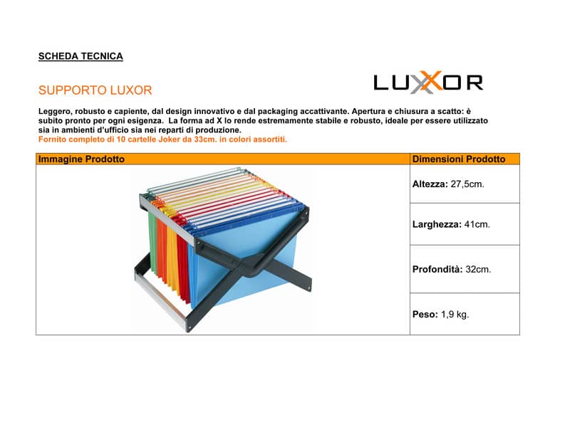 Supporto per cartelle sospese LUXOR 33 cm forma a X assortiti 41x32x27 cm 10 cartelle - LUXOR 1 MX 10 P1