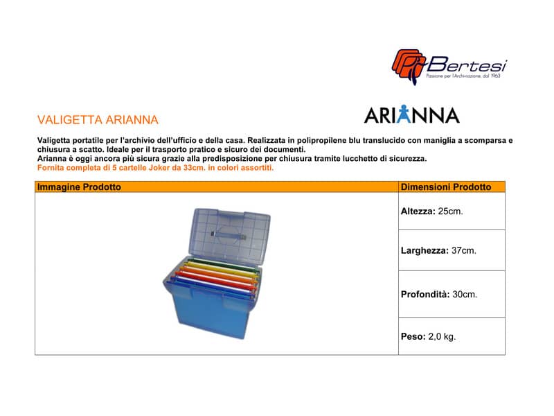 Valigetta per cartelle sospese ARIANNA completa di 5 cartelle - interasse 33 cm 37x25x30 cm assortiti - ARIANNA BL 5