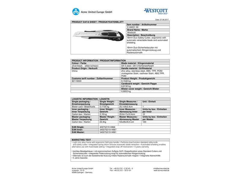 Cutter di sicurezza Westcott Duo Safety larghezza lama 18 mm grigio / nero E- 00