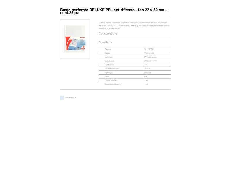 Buste a perforazione universale goffrate Esselte DELUXE PP antiriflesso 22x30 cm conf.25