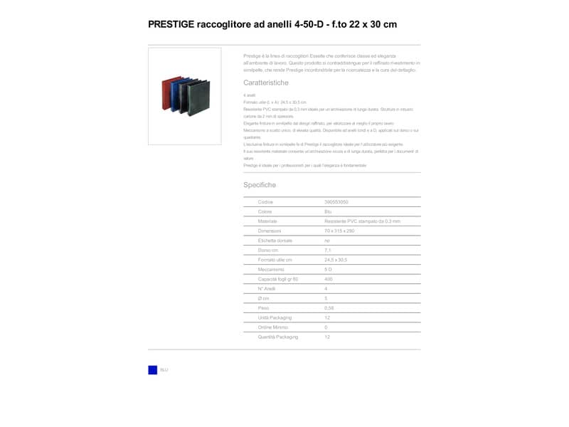 Raccoglitore Esselte E53 PRESTIGE a 4 anelli a D 50mm PVC stampato da 0,3 mm blu 22x30 cm dorso 7,5 cm