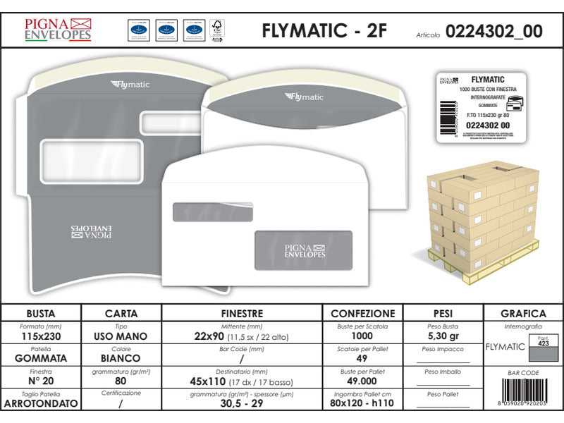 Buste con 2 finestre Pigna Envelopes FLY-Matic 2 80 g/m² 115x230 mm bianco conf. 1000 23–23 cm