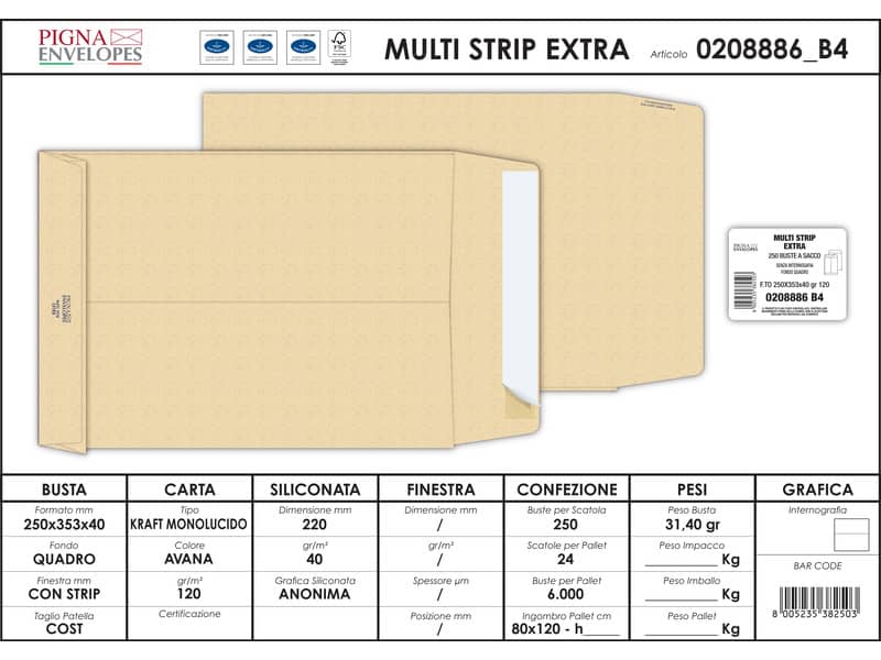 Buste a sacco con soffietto Pigna Envelopes Multi Strip Extra 25+4 x 35 cm avana Conf. 250 pezzi