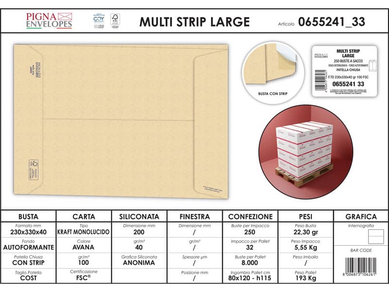 Buste a sacco con soffietto Pigna Envelopes Multi Strip Large 23+4 x 33 cm avana Conf. 250 pezzi