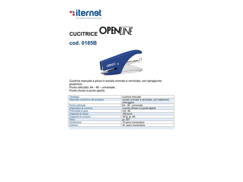Cucitrice manuale a pinza OPENLINE passo 6 max 18 ff blu 0185B