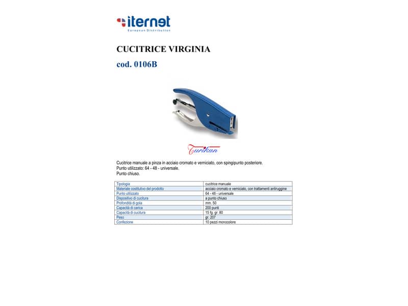 Cucitrice manuale a pinza Turikan VIRGINIA passo 6 mm blu punto chiuso 0106B