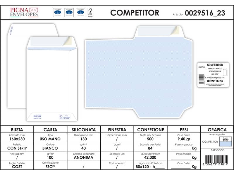 Buste a sacco bianche autoad. removibili Pigna Envelopes Competitor strip 100 g/m² 160x230 mm conf. 500 pz