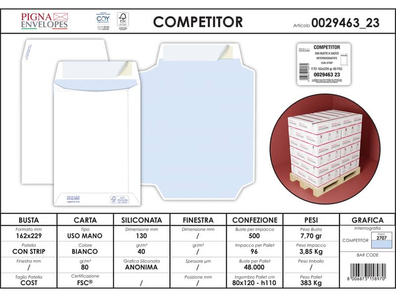 Buste a sacco bianche autoad. removibili Pigna Envelopes Competitor strip 80 g/m² 160x230 mm conf. 500