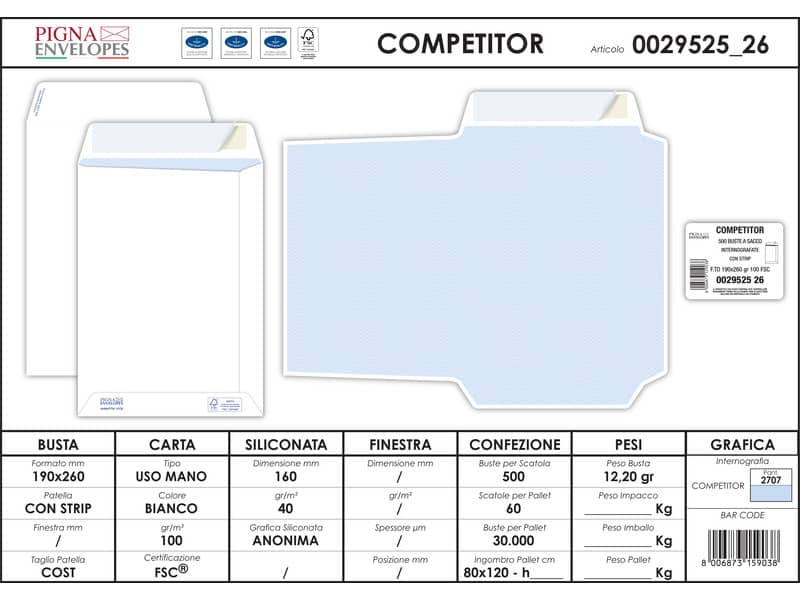Buste a sacco bianche autoad. removibili Pigna Envelopes Competitor strip 100 g/m² 190x260 mm conf. 500