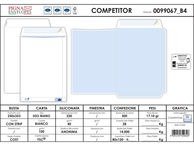 Buste a sacco bianche autoad. removibili Pigna Envelopes Competitor String 100 g/m² 250x353 mm conf. 500