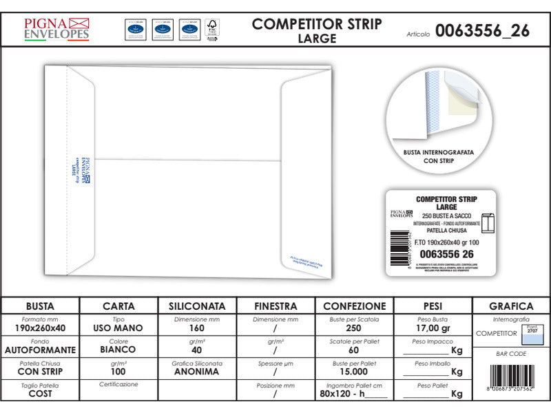 Buste Competitor Large Pigna Envelopes strip 190x260x40 bianco Conf. 250 buste