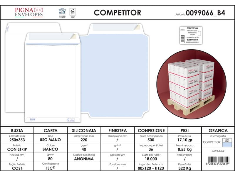 Buste a sacco bianche autoad. removibili Pigna Envelopes Competitor strip 80 g/m² 250x353 mm conf. 500