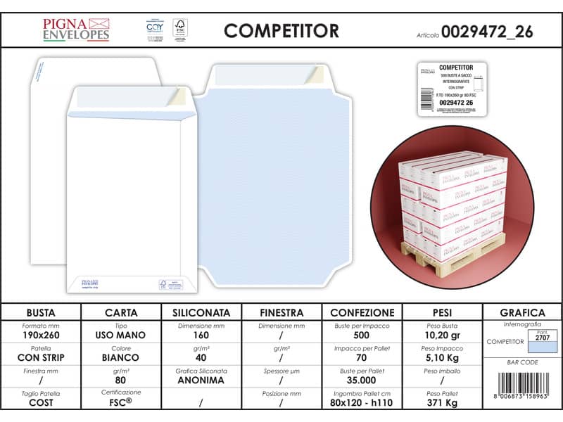 Buste a sacco bianche autoad. removibili Pigna Envelopes Competitor strip 80 g/m² 190x260 mm conf. 500