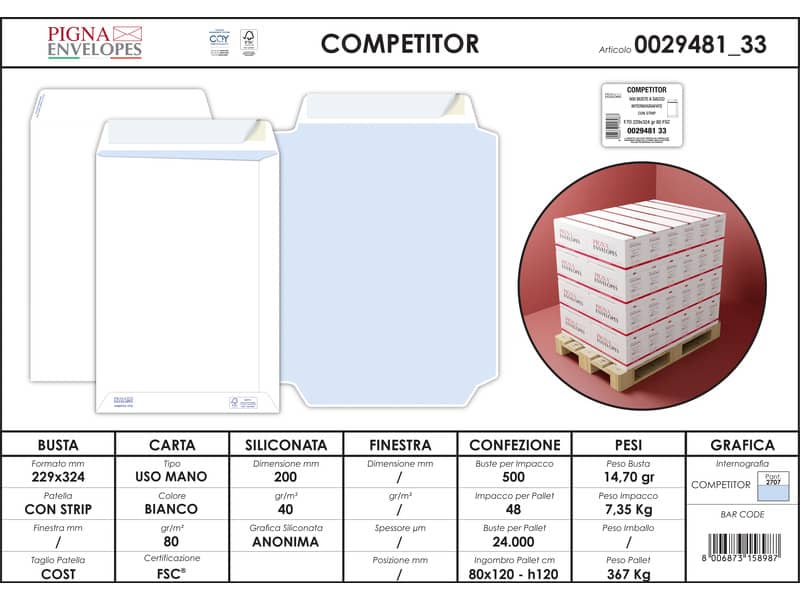 Buste a sacco bianche autoad. removibili Pigna Envelopes Competitor strip 80 g/m² 230x330 mm conf. 500
