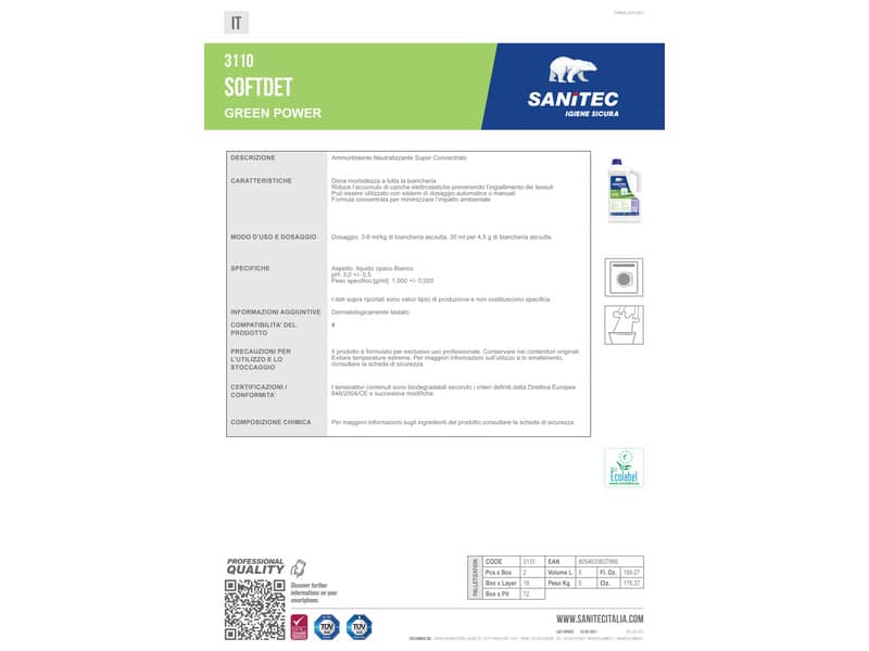 Ammorbidente concentrato Sanitec Green Power Softdet Eco - 5 L 3110
