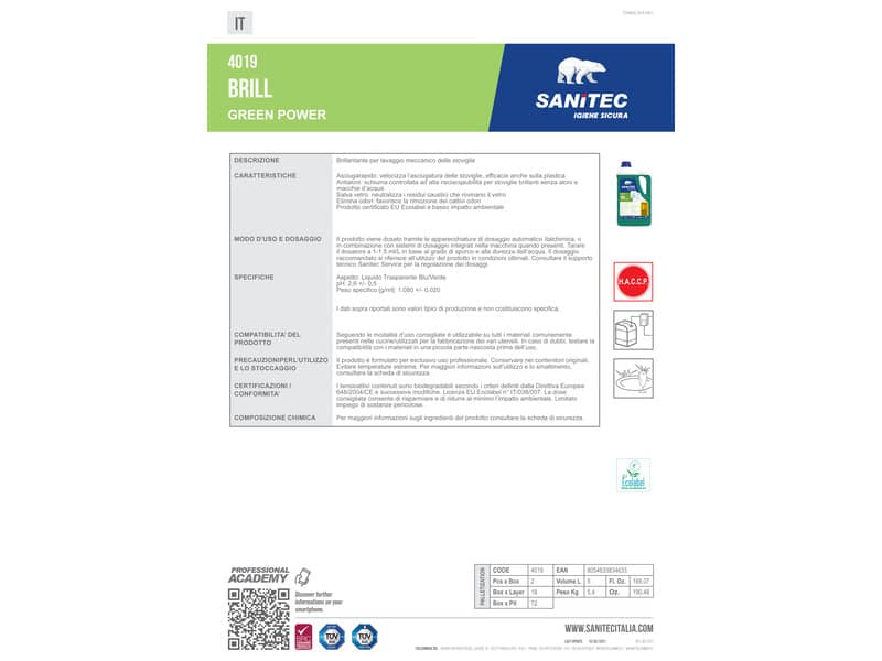 Additivo brillantante lavastoviglie Green Power Sanitec 5,5 kg 4019