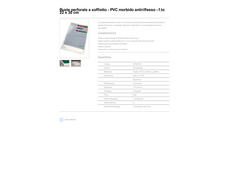 Buste perforate a soffietto Leitz in PVC A4 trasparente confezione da 10 pezzi