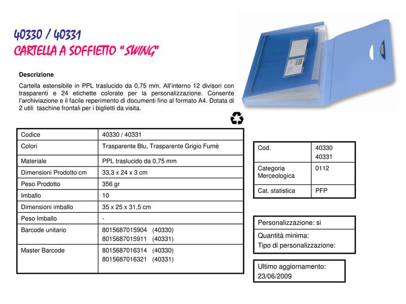 Cartella a soffietto LEONARDI 12 scomparti PPL traslucido azzurro trasparente 33x23cm