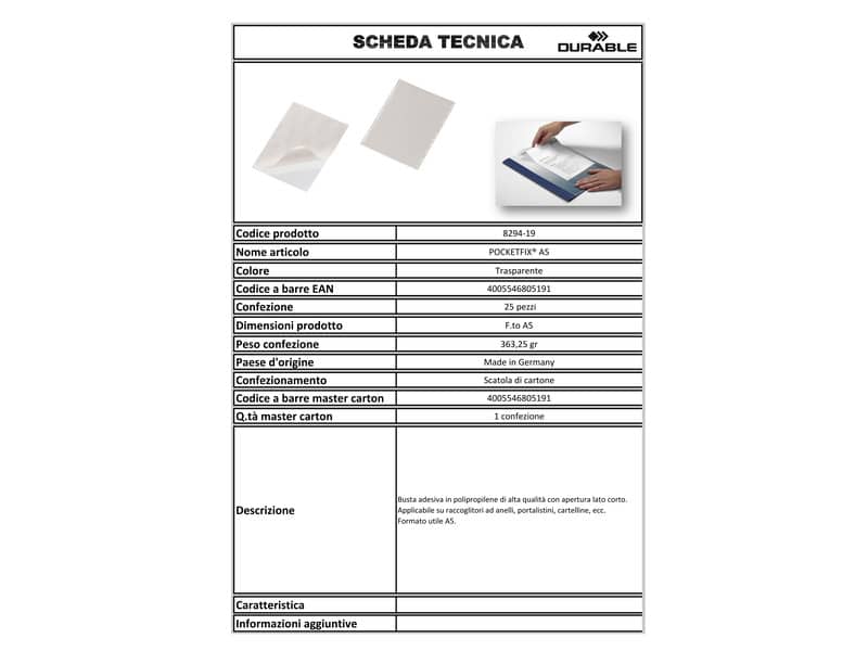 Buste adesive DURABLE POCKETFIX® A5 polipropilene trasparente conf. 25 pezzi