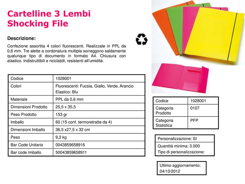 Cartellina a 3 lembi Leonardi cordonatura multipla con elastico A4 assortiti conf. da 4