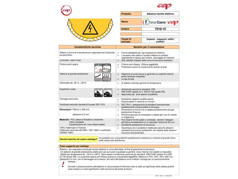 Adesivi Segnalatori CEP rischio elettrico PVC 700x350 mm. sp 0,2 mm