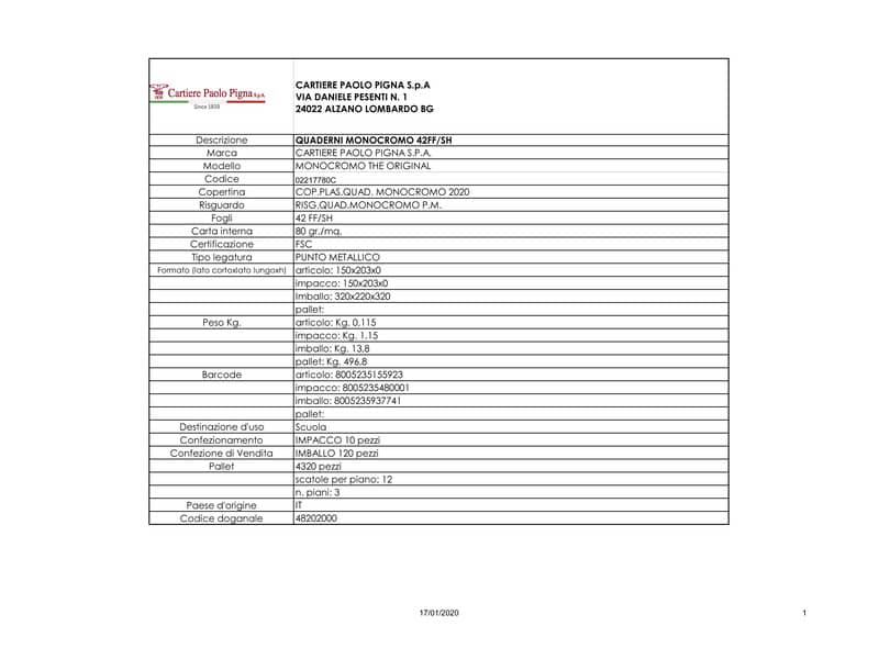 Quaderno 42 fogli PIGNA Monocromo A5 a righe C assortiti 02217780C
