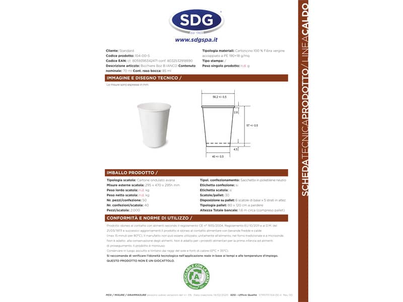 Bicchiere 3oz (85ml) Bianco in cartoncino Scatolificio del Garda Bianco - Conf. 50 pezzi - 104-00-S