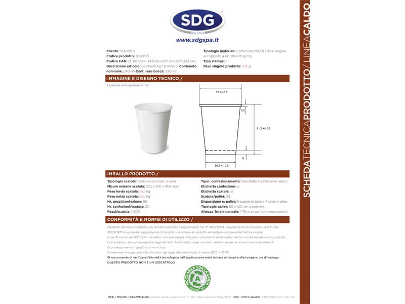 Bicchiere 8oz (240ml) Bianco in cartoncino Scatolificio del Garda Bianco - Conf. 50 pezzi - 112-00-S
