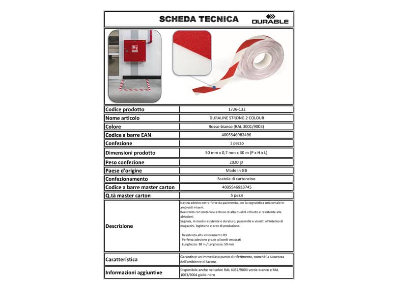 Bobina di nastro antiscivolo adesivo DURABLE DURALINE 50/07 rosso segnale-bianco