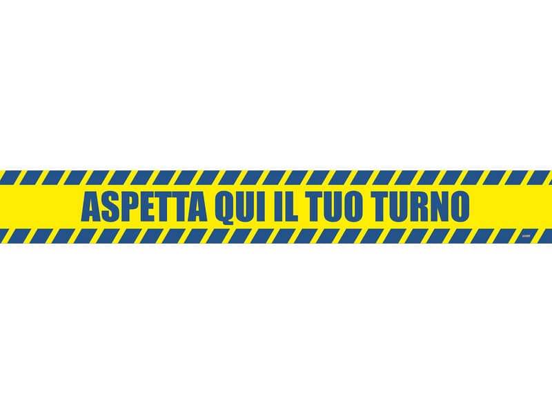 Adesivo segnaletico calpestabile Markin ''Aspetta qui il tuo turno'' in PVC 98x8,5 cm - Conf. 2 pezzi - X290COV-10
